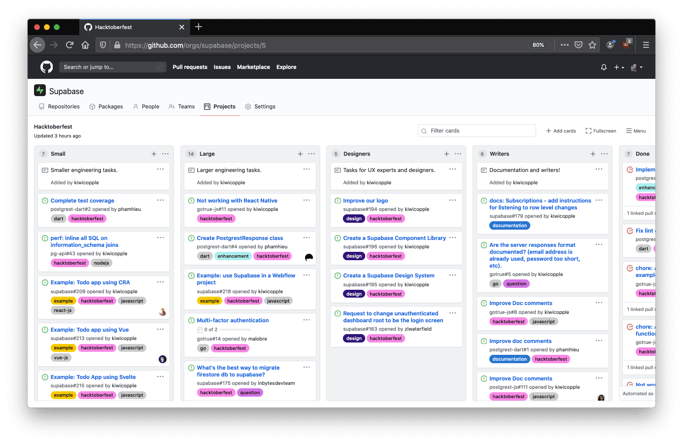 This is an image of our hacktoberfest project board on GitHub.